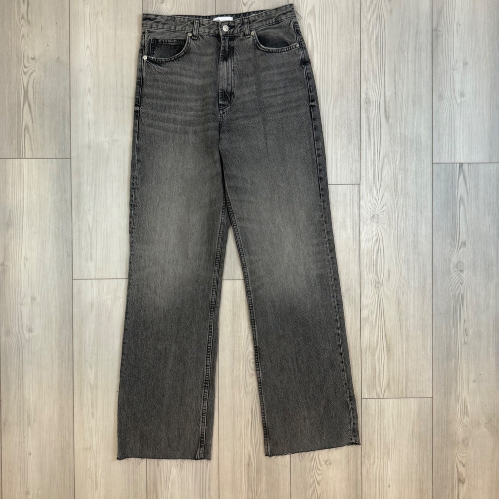 Zara High Waisted Wide Leg Jeans Washed Gray Raw Hem 6045/724 Size 10‎